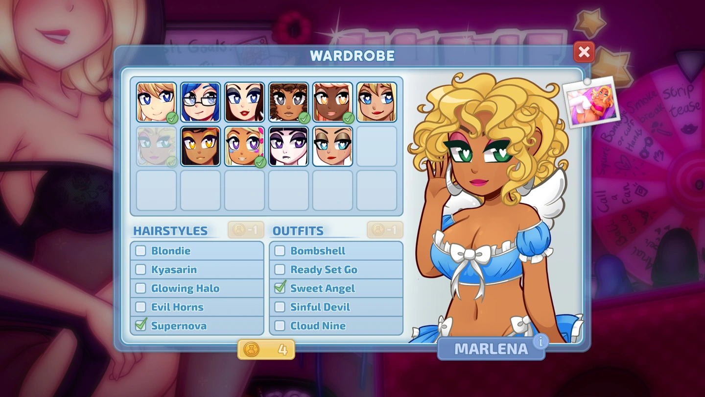 The wardrobe menu shows Marlena in a blue outfit beside hairstyle and clothing choices.