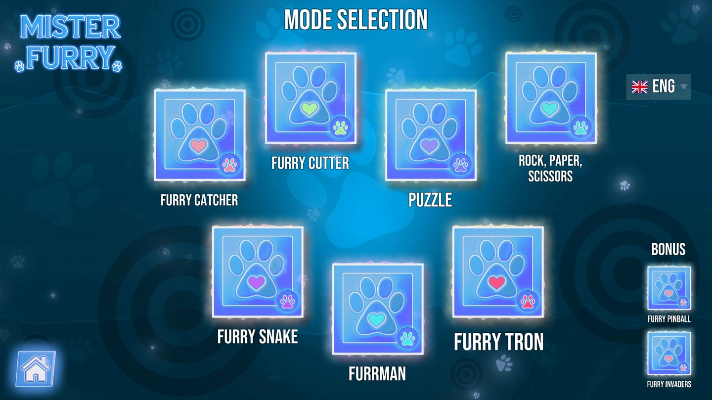 Schermata di selezione delle nove modalità, con riquadri dall’icona a forma di zampa per modalità arcade come Furrman, Furry Cutter, Furry Snake e Furry Pinball.