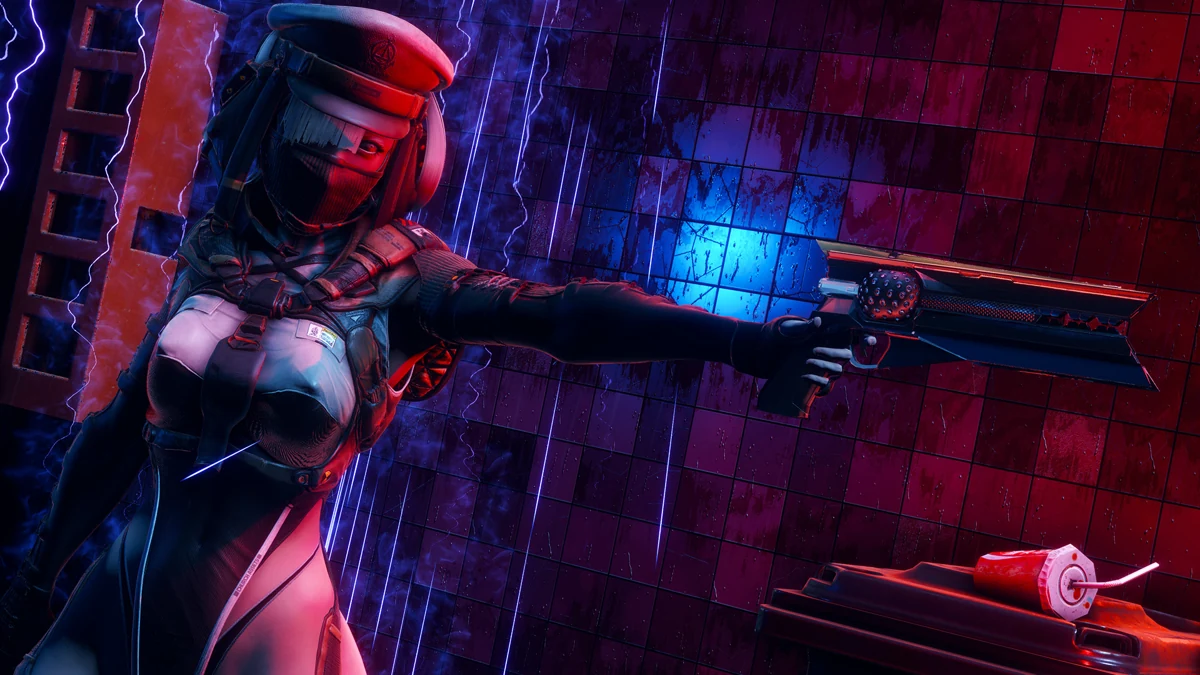 A masked character aims a long firearm in a purple-lit corridor.