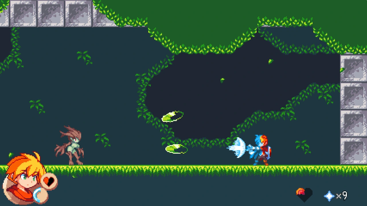 The hero firing magic toward a tree-like monster in a complete forest combat scene.