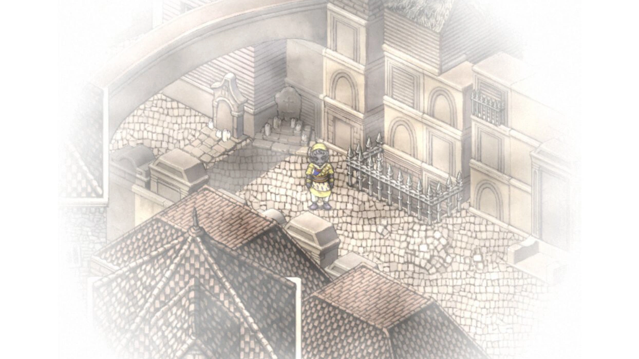 Una figura in esplorazione vestita di giallo accanto a una scalinata cittadina e a un cancello di ferro, con la nebbia che nasconde le strade circostanti.
