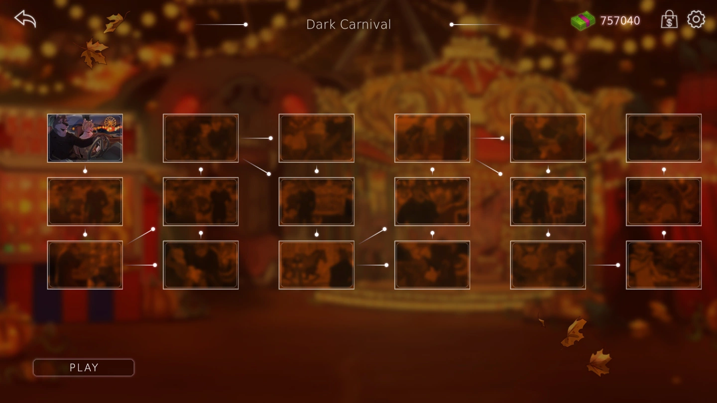 La mappa della storia Dark Carnival mostra percorsi ramificati, nodi delle scene e un totale di denaro.