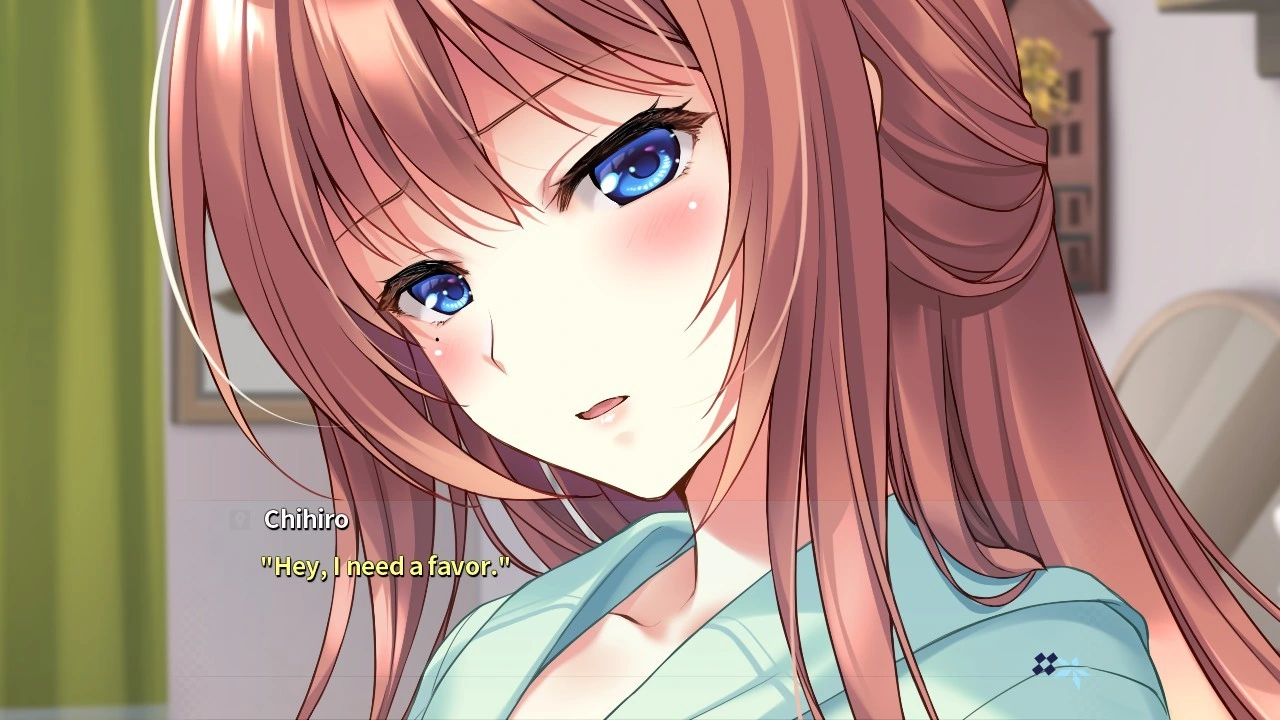 Chihiro blushes in a mint-colored top while asking for a favor.