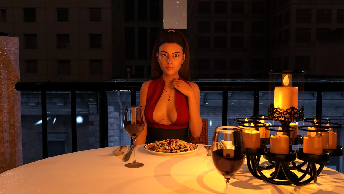Un personaggio in abito rosso siede a un tavolo da cena illuminato da candele.