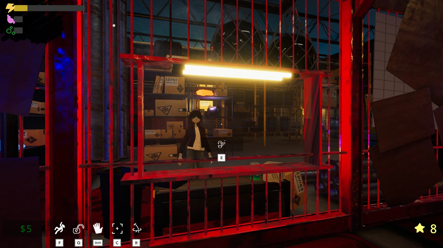 A shopkeeper stands behind a red-barred service opening in a warehouse filled with crates and shelves.