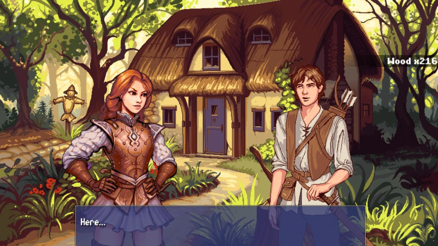 A covered armored woman and the clothed archer protagonist converse outside a thatched cottage.