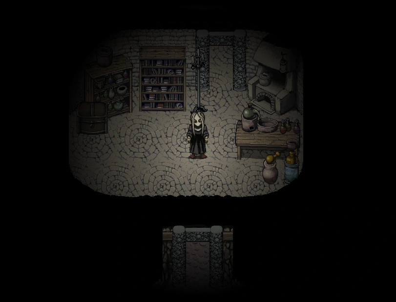 The dark priest in a stone dungeon room with shelves, a worktable, jars and supplies.