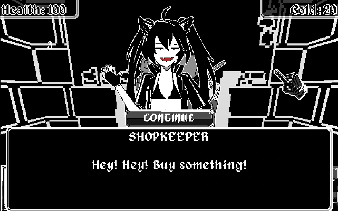 A pixel shopkeeper with pointed ears and a red smile speaks in a monochrome dungeon shop.