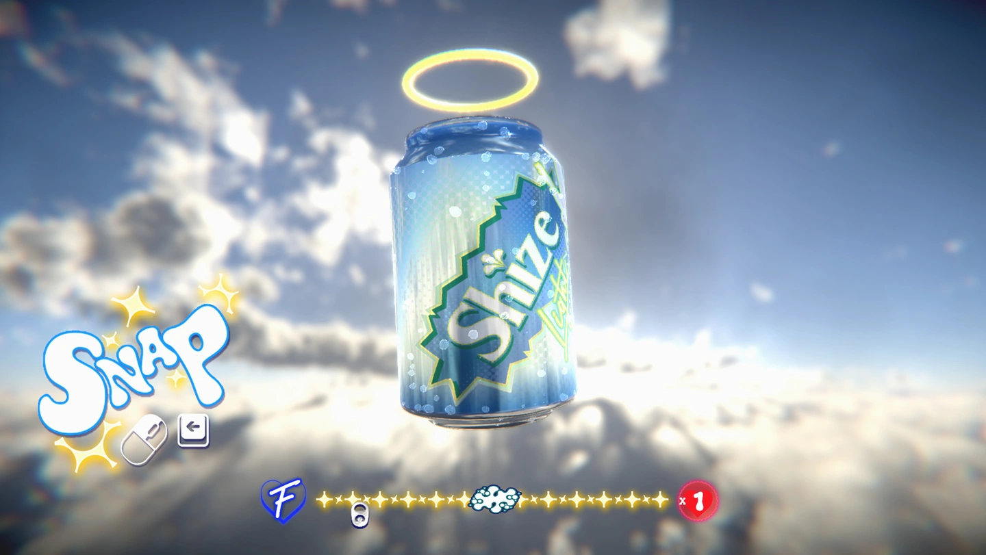 Une canette de soda bleue avec une auréole lumineuse flotte devant un ciel éclatant et une commande Snap.