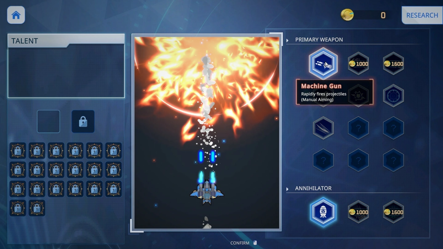 The talent and weapon research screen shows a Machine Gun upgrade tree.