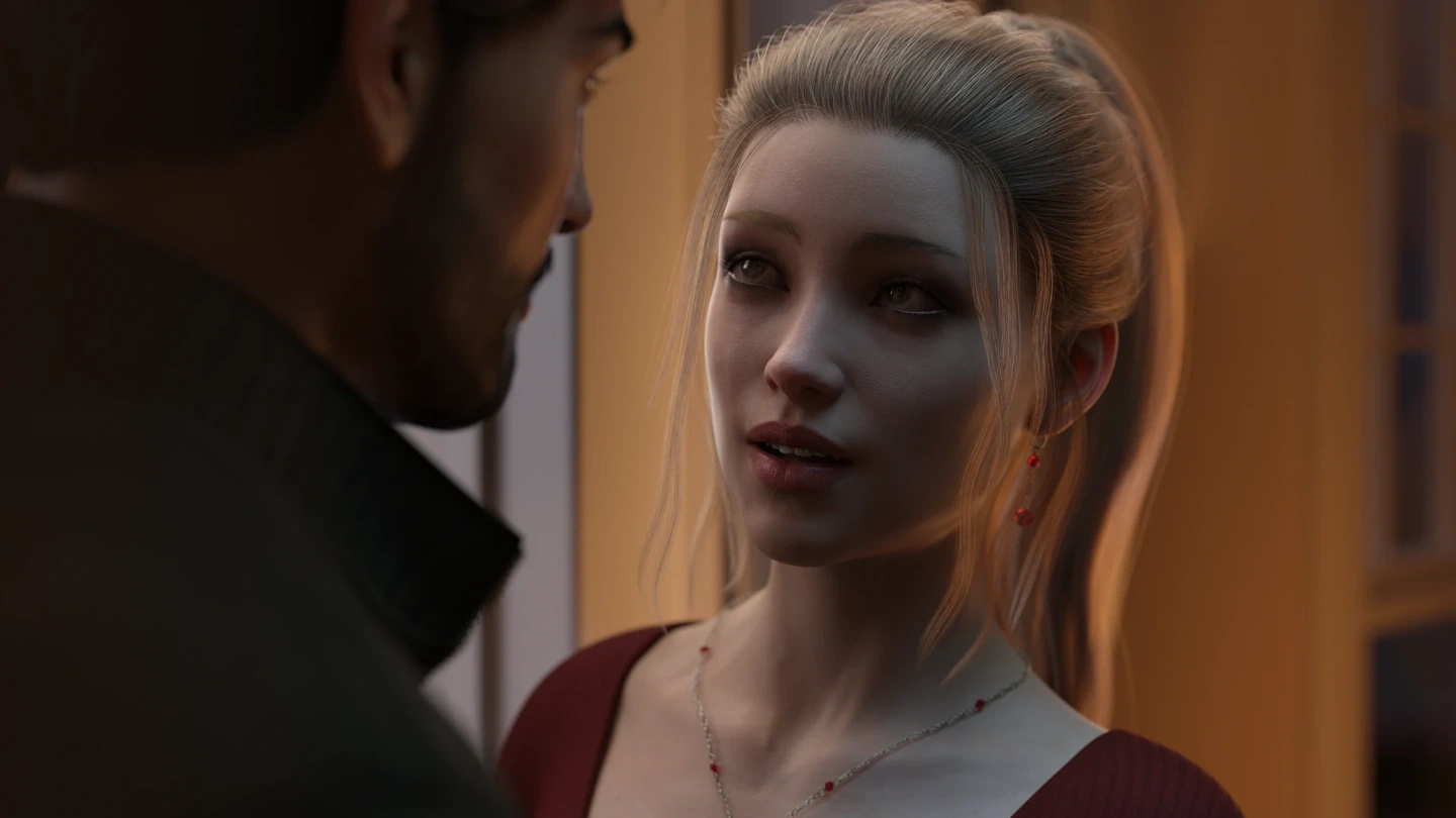 Official Allison artwork shows the blonde woman speaking close to a clothed man.