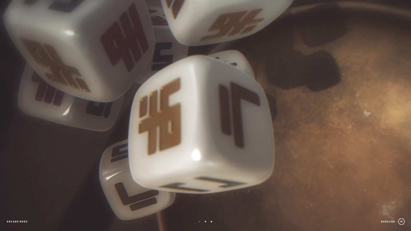 Shallow-focus close-up of the kana dice above the bowl.