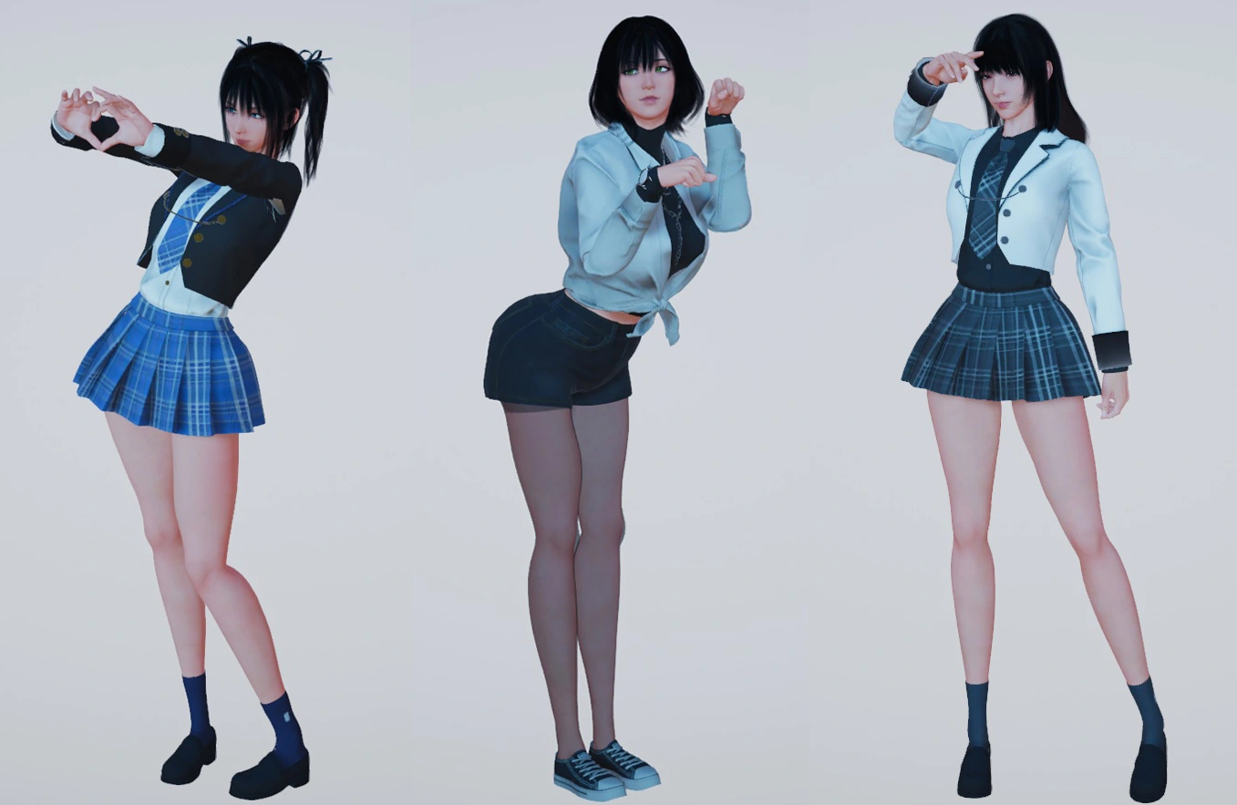 Three covered models wear plaid work-uniform variations in an official update illustration.