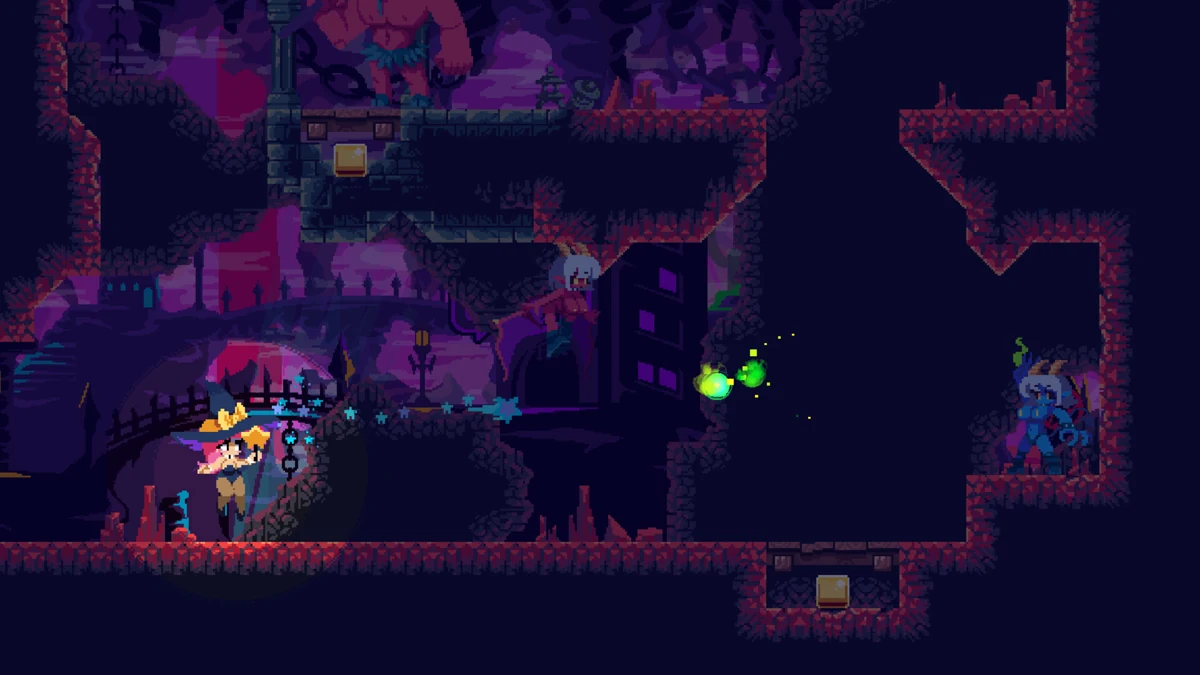 O jogador explora uma caverna roxo-escura com plataformas que se ramificam.