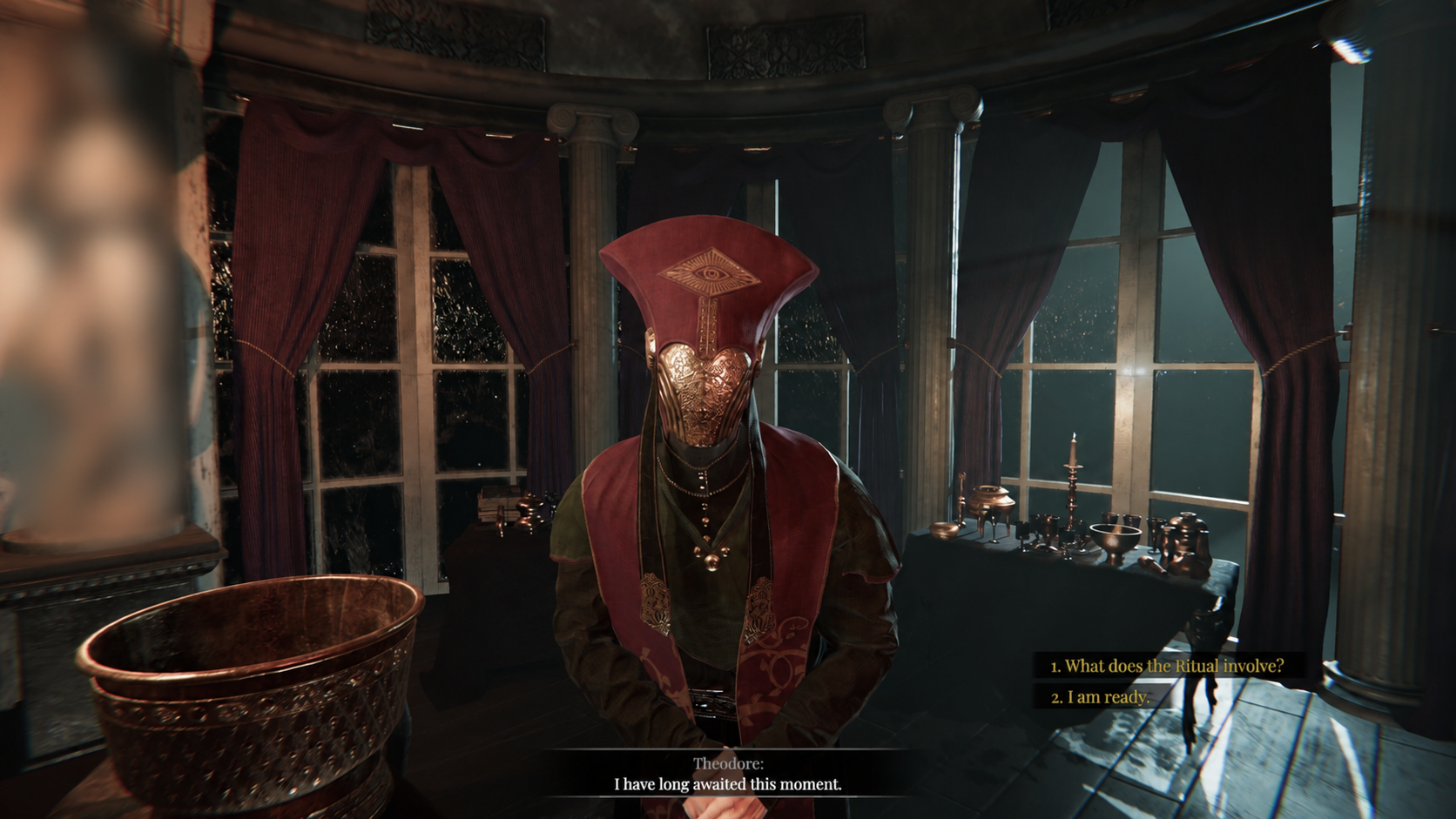 Game dialogue with an incidental statue obscured.