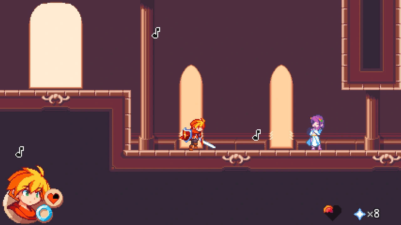 The hero approaching a clothed blue-robed opponent in a castle corridor with musical notes.