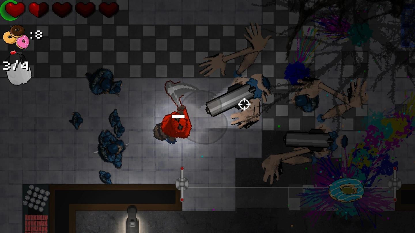 Hoodie surrounded by oversized hands and cartoon enemies in a dark grocery store, with low health shown.
