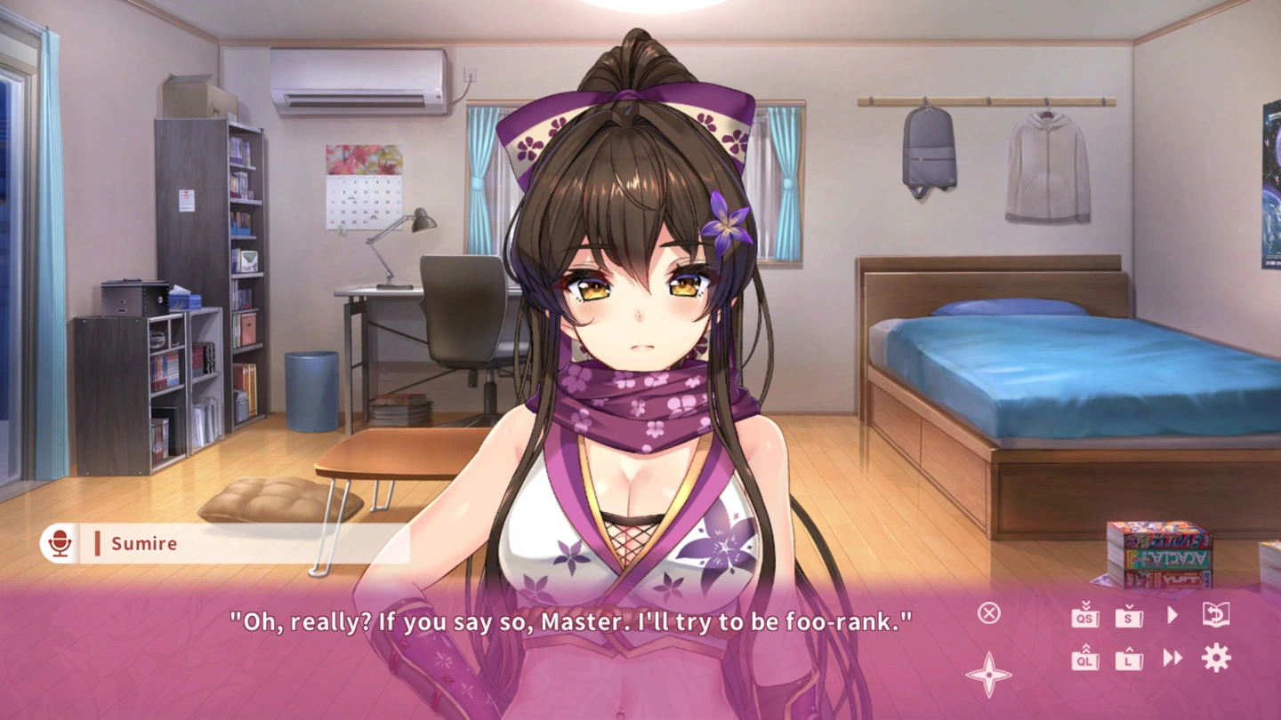 Sumire speaks in an apartment above a dialogue box and reading controls.