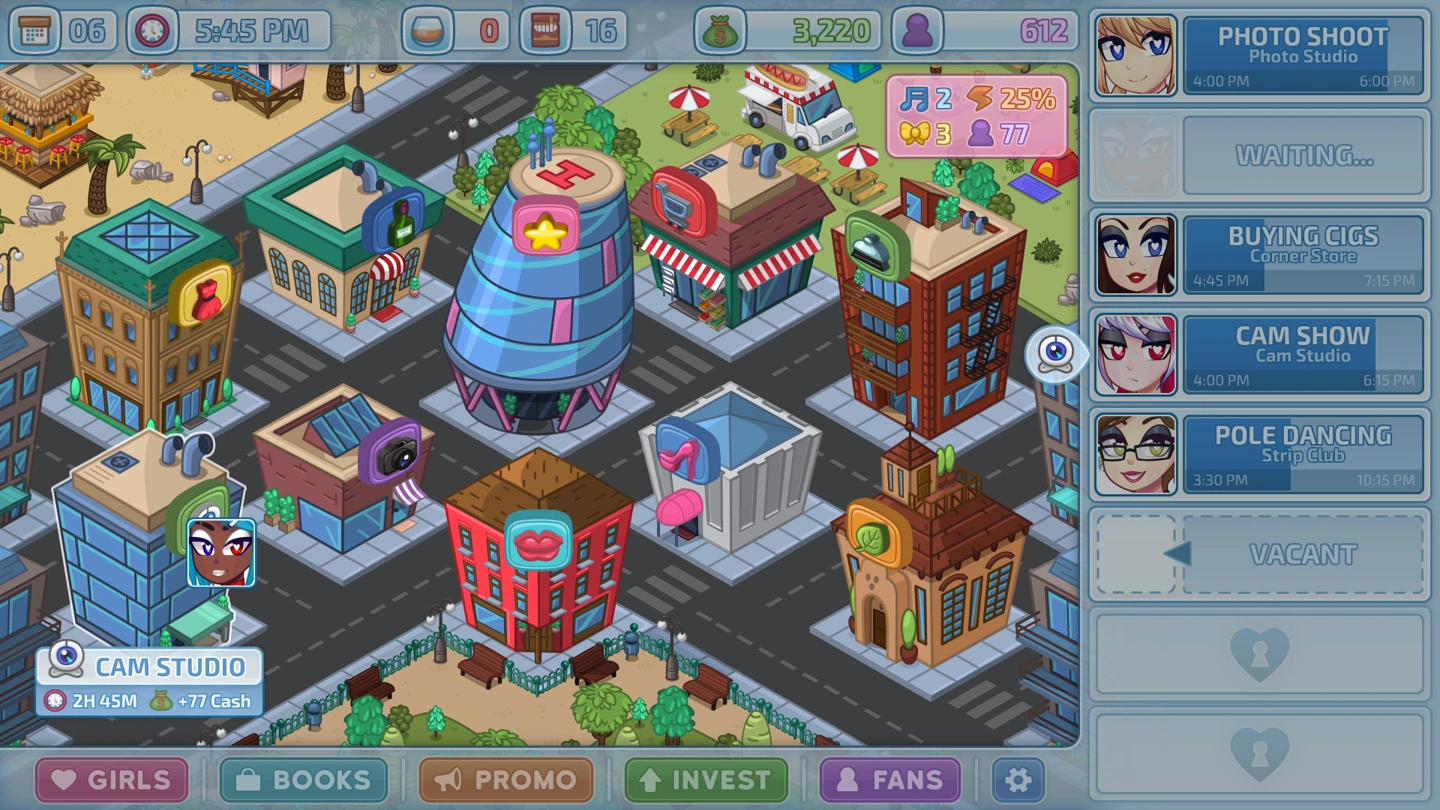 The town map shows a smaller business with performer assignments and activity meters.
