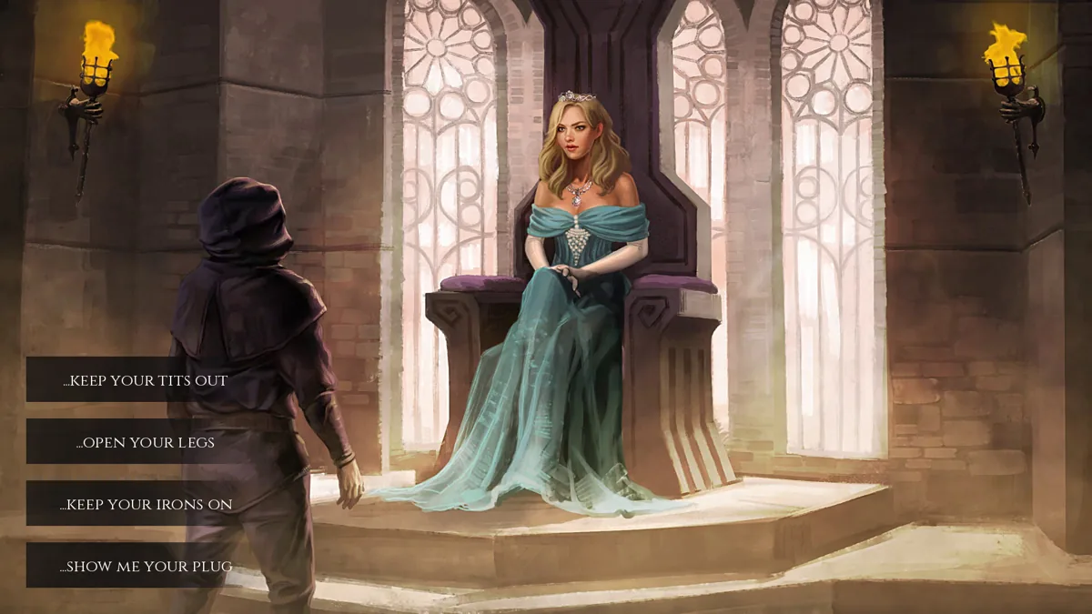 Dialogue choices with a woman in a teal gown.