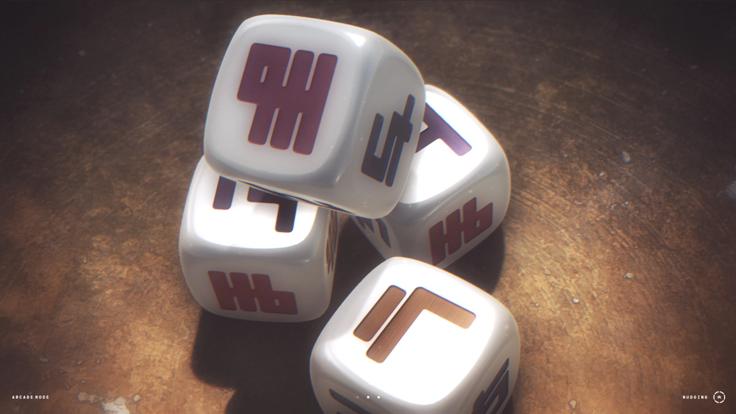 Close-up of white kana dice piled in the metal bowl.