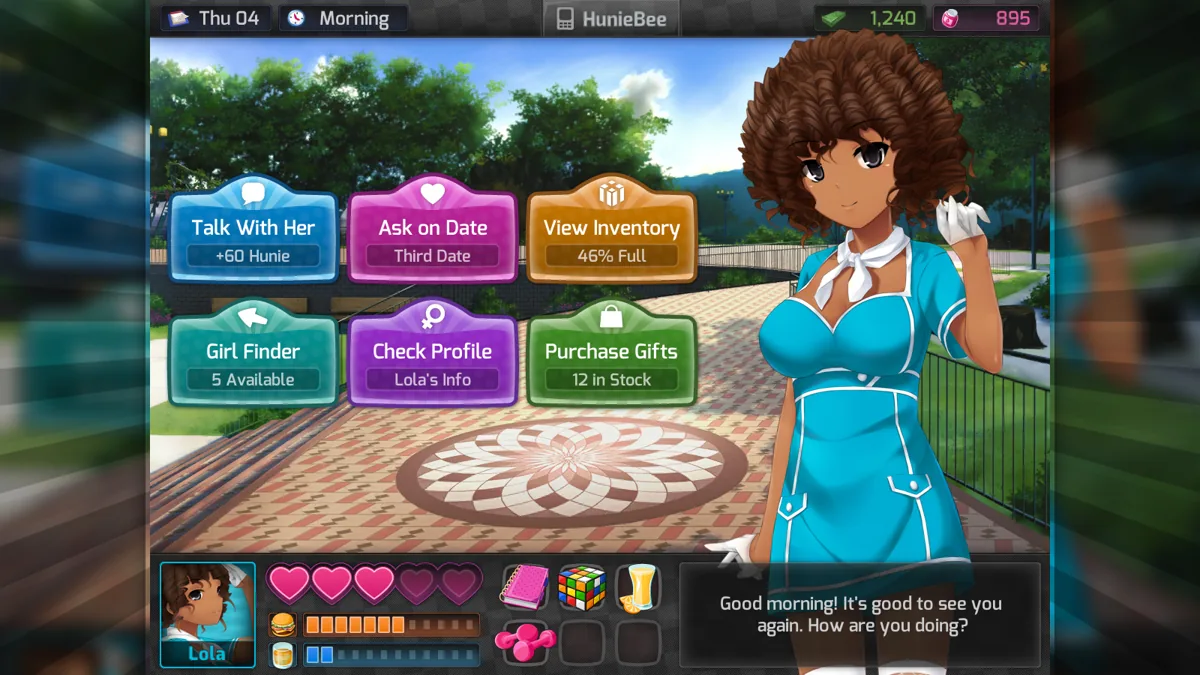 Lola in a low-cut turquoise uniform appears beside conversation, date and gift options in HuniePop’s park.