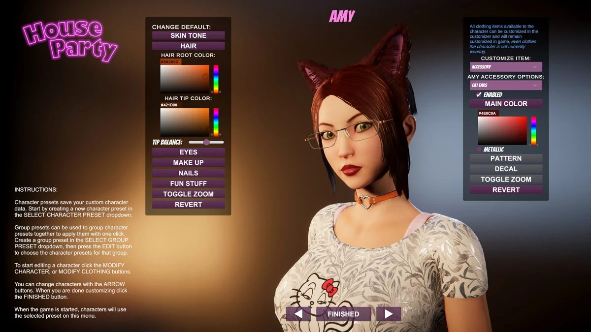 La schermata di personalizzazione dei personaggi di House Party, con Amy che indossa una T-shirt stampata.