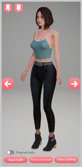 A woman in a teal top, black jeans and boots stands beside outfit-rotation arrows and Save Outfit controls.