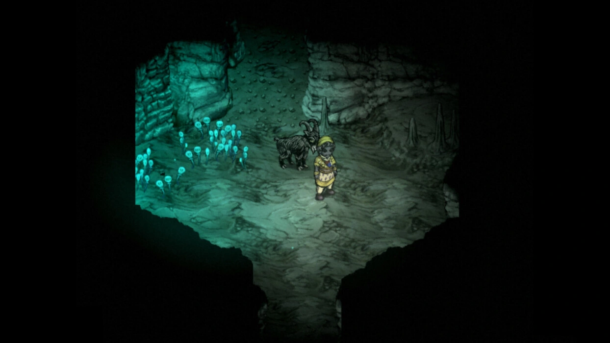 Una figura in esplorazione vestita di giallo e un animale accanto a escrescenze blu luminose in una grotta sotterranea.