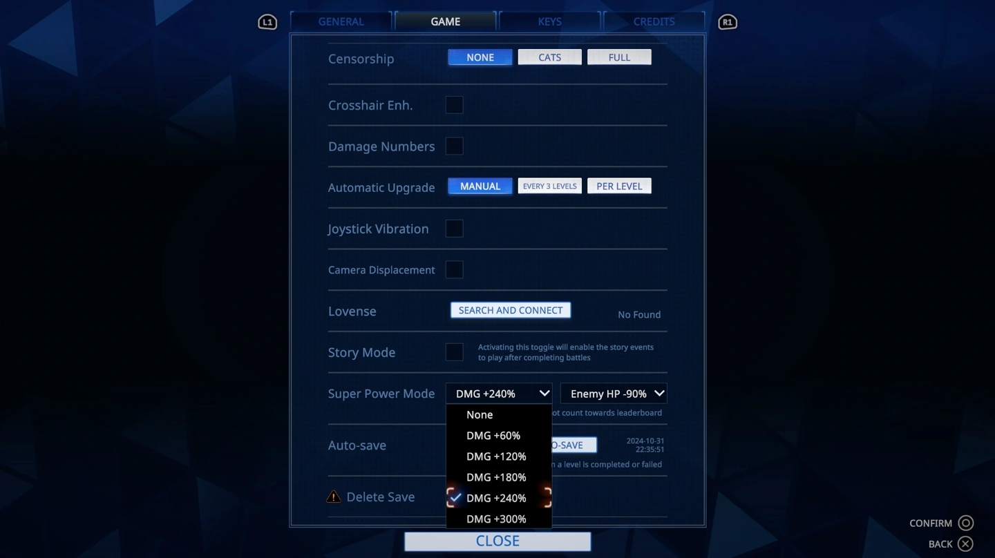 Official options show display masking, story controls and adjustable Super Power assistance.
