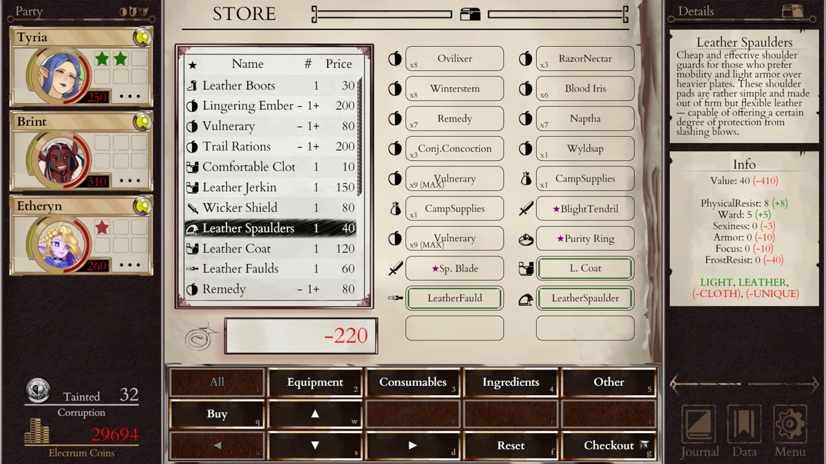 The store menu shows equipment, purchases and character options.