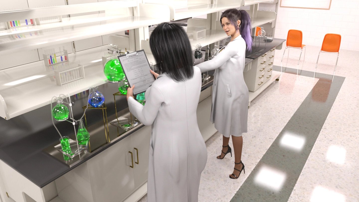 Duas mulheres de jaleco branco estão ao lado de uma bancada de química com frascos coloridos e uma prancheta.