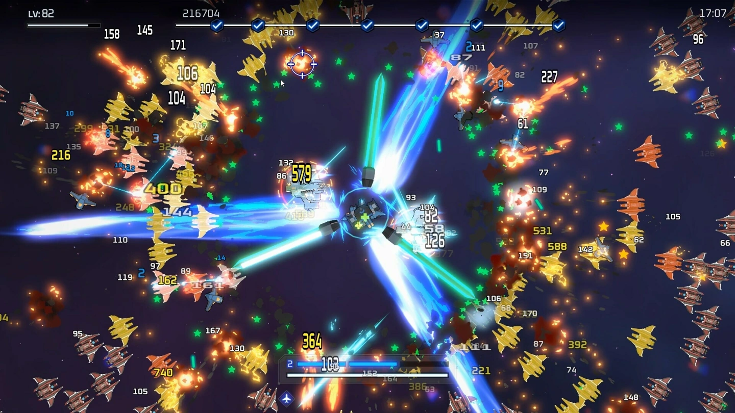 A spacecraft fires bright blue and green weapons through dense enemy ships and damage numbers.