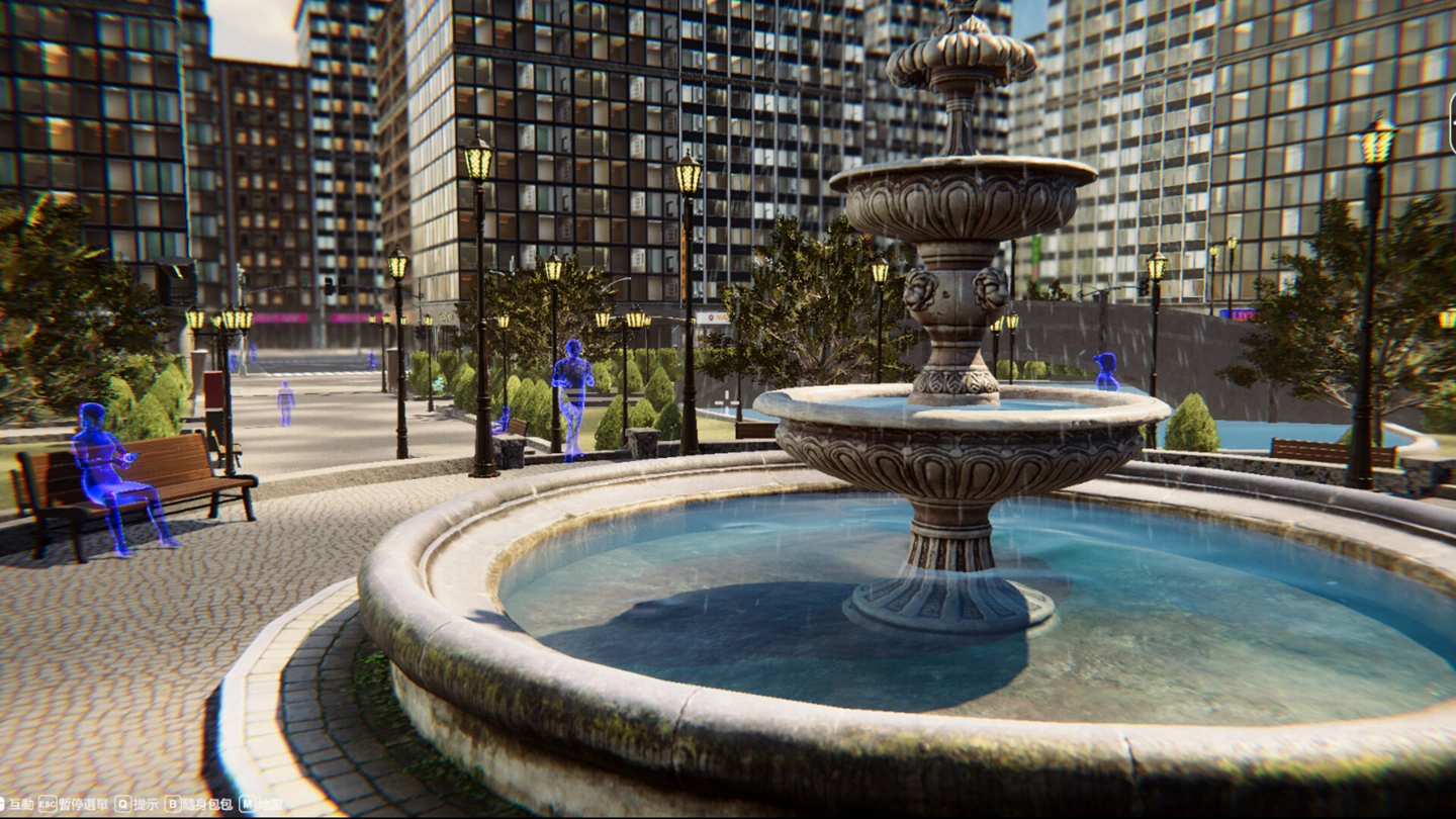A city plaza has a stone fountain, trees, benches and blue outlined pedestrians.