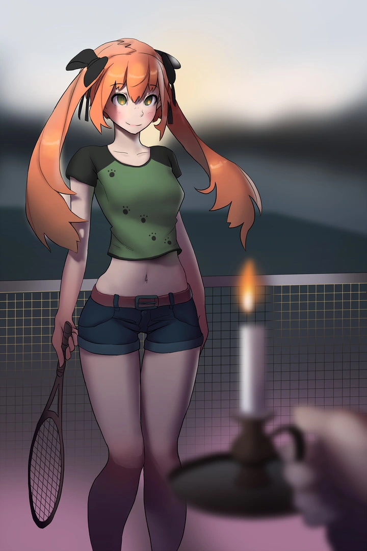 Uma mulher de cabelo laranja segurando uma raquete de tênis ao lado de uma cerca iluminada por velas.