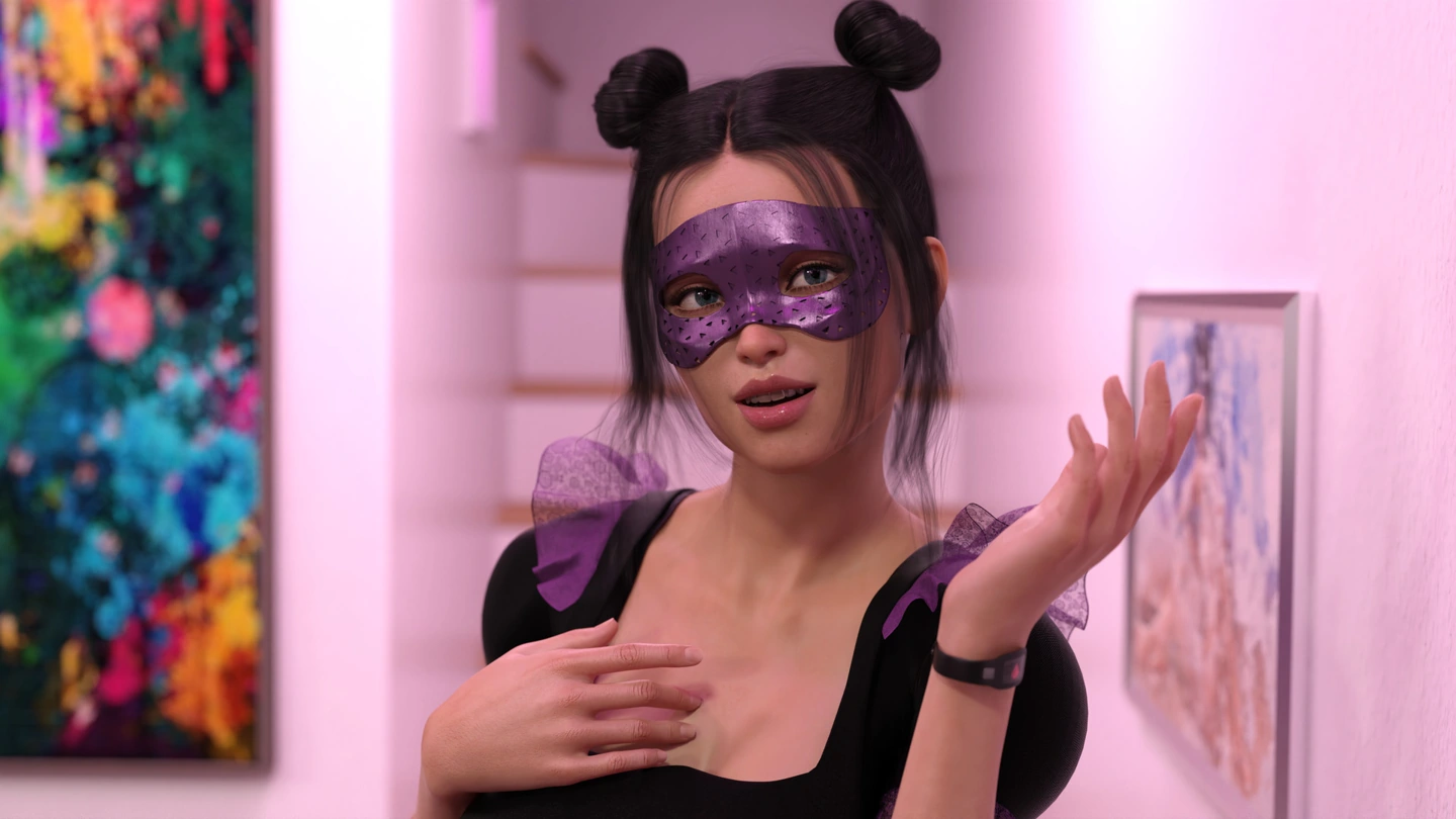 Eine Frau in einem schwarz-violetten Kostüm und mit violetter Maske gestikuliert während eines Gesprächs aus nächster Nähe.