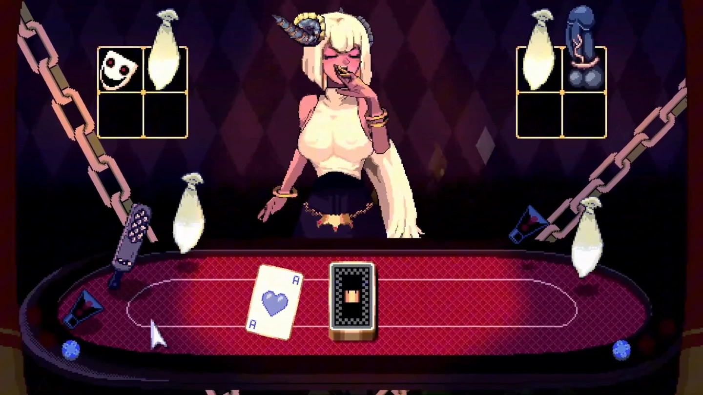 A horned blonde dealer yawns above a card table surrounded by item icons and pale perfume bottles.