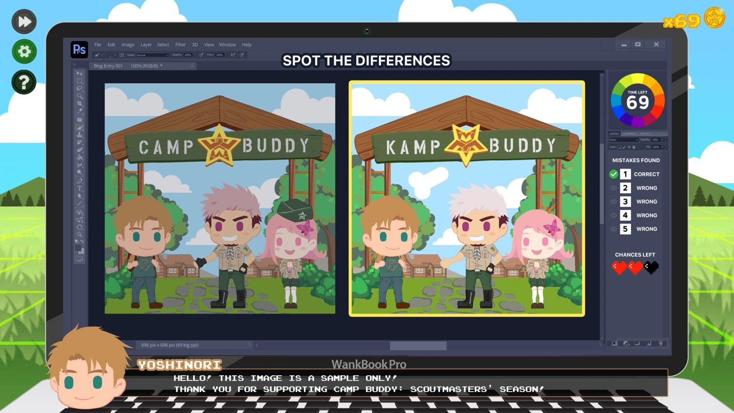 Un esempio ufficiale mostra un enigma fotografico del tipo trova le differenze, con personaggi chibi coperti, un timer e i tentativi rimasti.