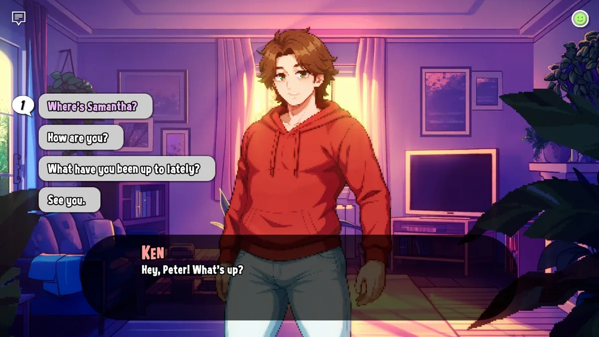 Ken com um moletom vermelho com capuz ao lado de opções de conversa sobre Samantha e sobre colocar o papo em dia.