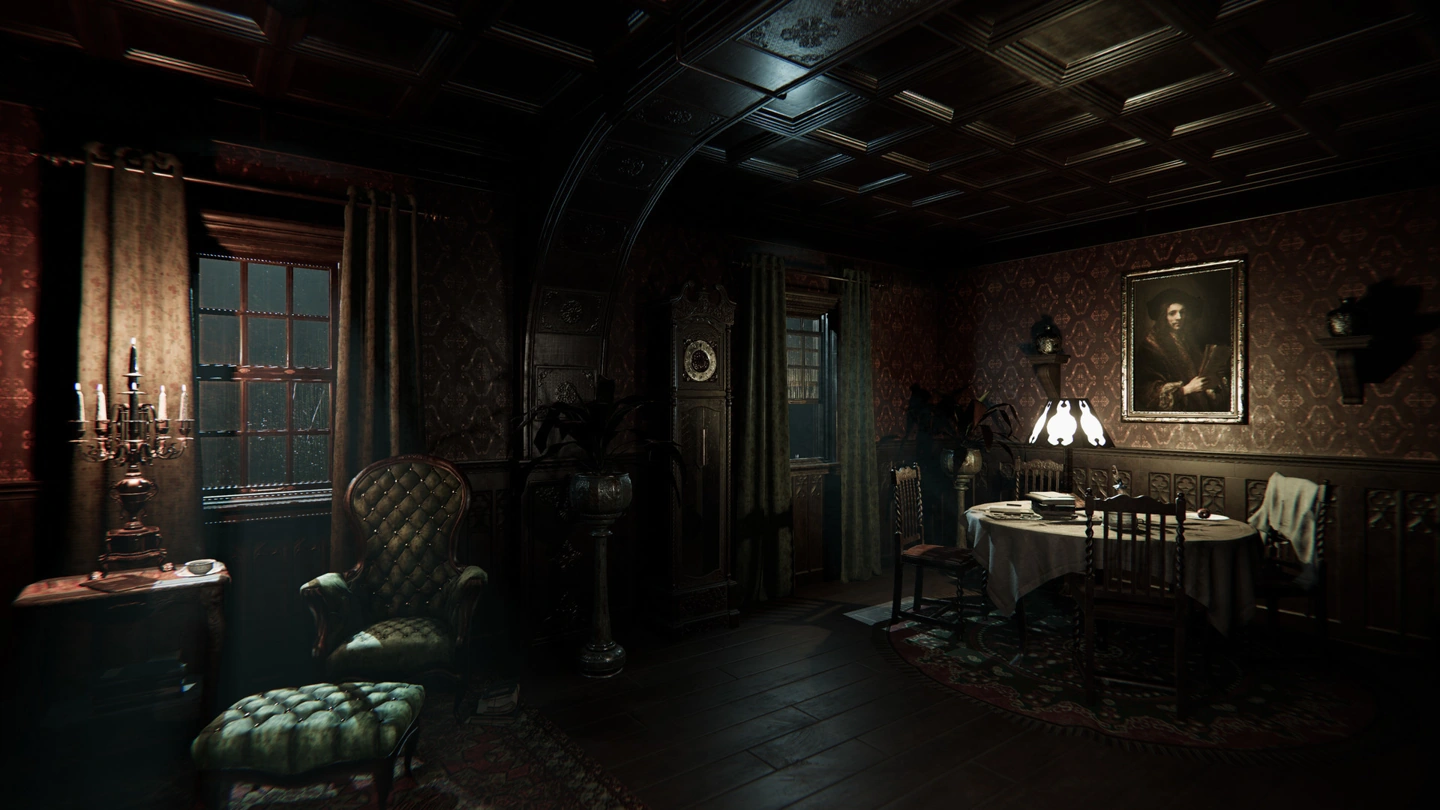 An ornate, dimly lit mansion room contains patterned wallpaper, a dining table, armchairs and a clock.
