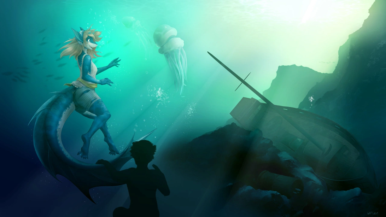 A clothed aquatic woman floats near a shipwreck and jellyfish as a clothed swimmer reaches toward her.