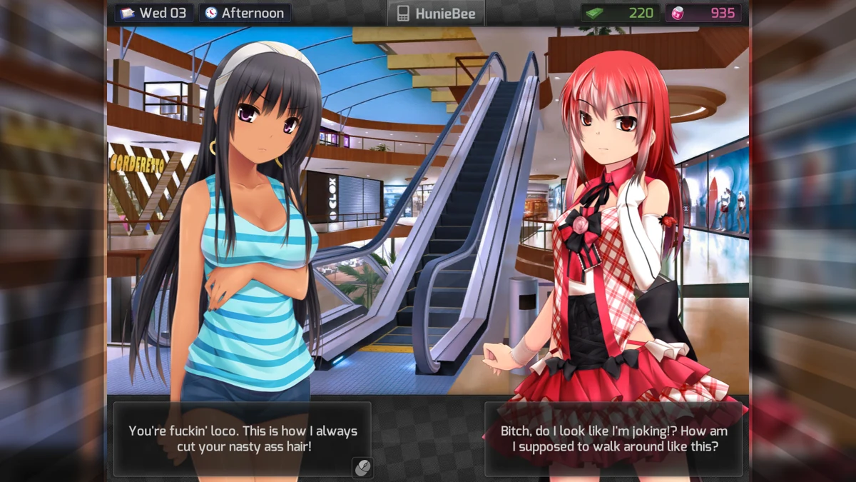 Two women arguing beside the escalators in HuniePop's shopping mall.
