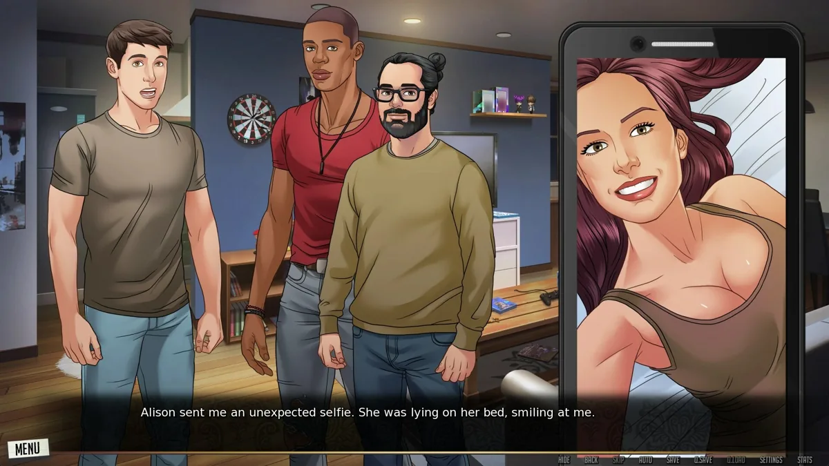 Friends talking with a phone portrait on screen.