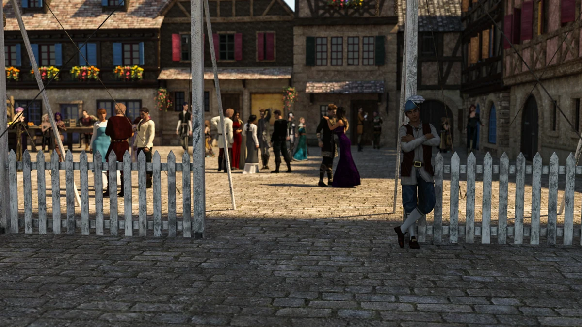 Eine Menschenmenge versammelt sich hinter einem weißen Zaun auf einem Stadtplatz.