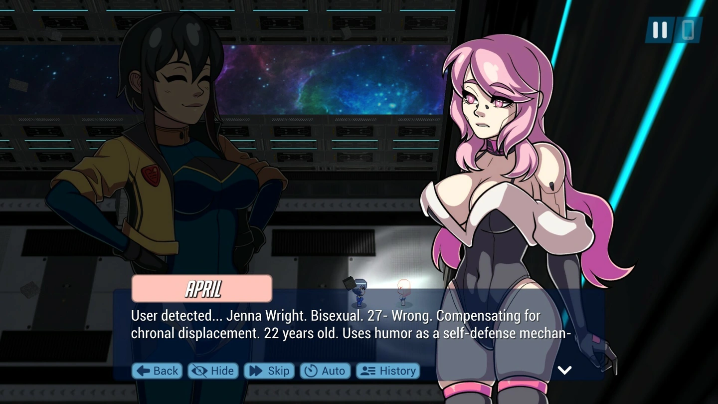 Jenna and a pink-haired character talk inside a spacecraft, with reading controls visible.