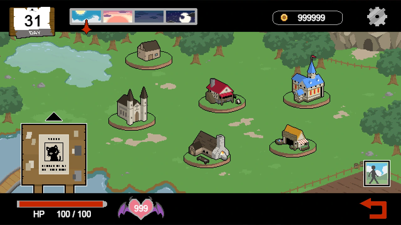 A village map shows several buildings, a notice board and health, money and lust counters.