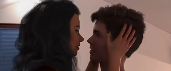 A dark-haired woman and a man face each other closely during an intimate conversation.