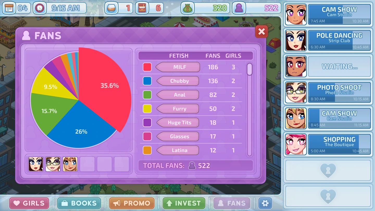 The audience menu breaks fan preferences into a colored chart and a list of fetish categories.