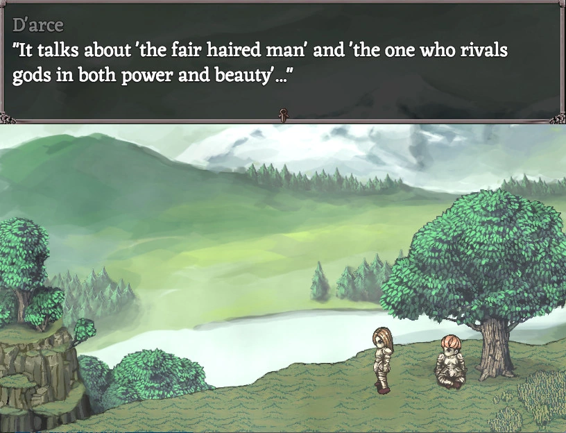 Two armored figures beside a tree overlooking a lake and green hills, with D’arce’s lore dialogue above.