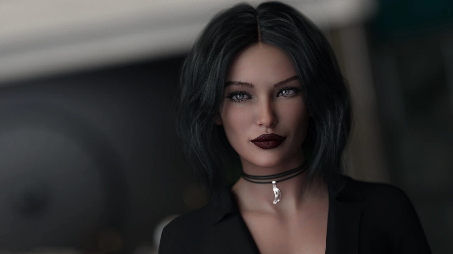 Uma mulher vestida de cabelo escuro e usando uma gargantilha olha para o espectador em um close renderizado.